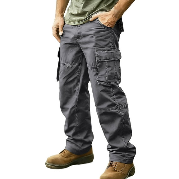 Wrtxtat Men's Cargo Pants Midweight Combat Casual Work Cotton Pants with Multiple Pockets Stretch Loose Fit Straight Leg Trousers Big and Tall Gray L