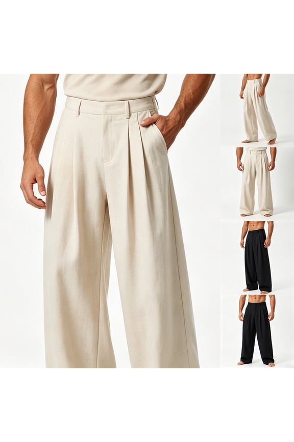 Men's Casual Dress Pants Baggy Pleated Classic Old Money Wide Leg Slacks Relaxed Fit Lightweight Pull-On Business Work Trousers Khaki XL