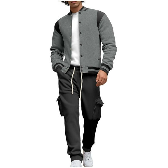 Wrtxtat Men's Casual Tracksuits Varsity Button Down Baseball Jackets and Sweatpants 2 Piece Outfit Activewear Jogging Sweatsuit Sets Dark Gray XL
