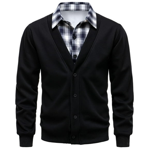 Wrtxtat Men's Collared Pullover Shirts Full Button V-Neck Sweatshirts Autumn Fashion Midweight Fake Two Pieces Tops Collared Relaxed Fit Top White M