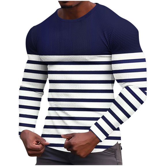 Wrtxtat Men's Color Block Sweatshirt Waffle Knit Fleece Pullover Crewneck Casual Lightweight Long Sleeve Slim Fit Patchwork Tops Navy#02 XL