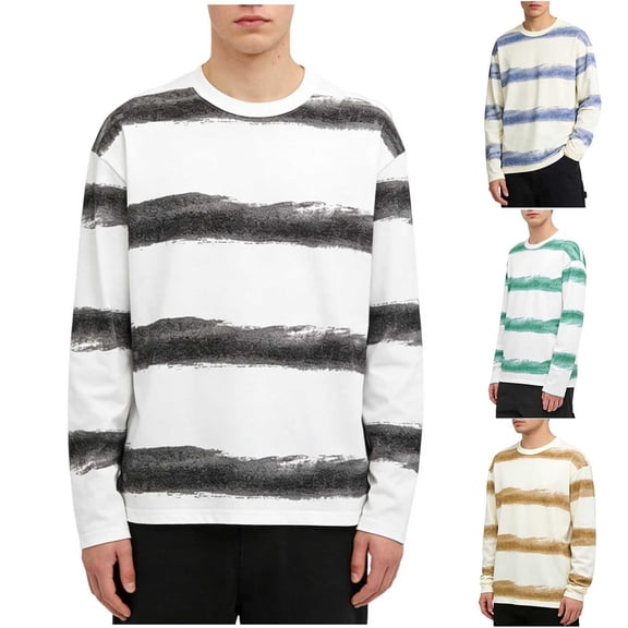 Wrtxtat Men's Colorblock Shirts Striped Color Long Sleeve Crewneck Pullover Shirts Midweight Casual Lounge Streetwear Tshirt Dark Blue XL