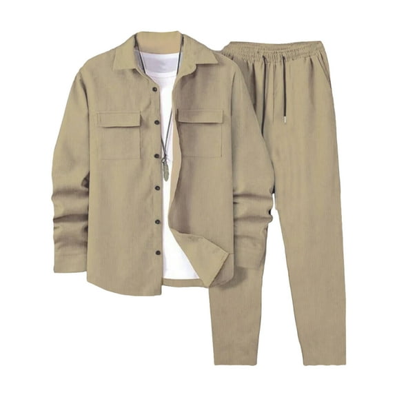 Wrtxtat Men's Corduroy Jacket and Pants Two Piece Outfit Set Lapel Long Sleeve Fall Winter Warm Sweatsuit Button Shirt Drawstrings Pants Suit Beige XXL