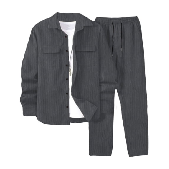 Wrtxtat Men's Corduroy Jacket and Pants Two Piece Outfit Set Lapel Long Sleeve Fall Winter Warm Sweatsuit Button Shirt Drawstrings Pants Suit Dark Gray M