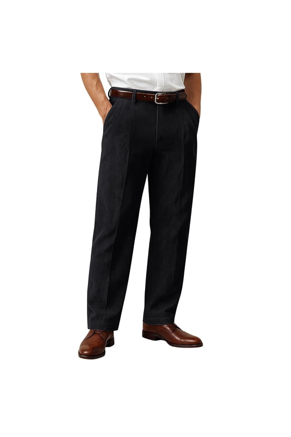 Men's Corduroy Pants Elastic Straight Leg Trousers Stretch Waist Retro Dress Suit Pants Flat Front Warm Midweight Trousers Black 38