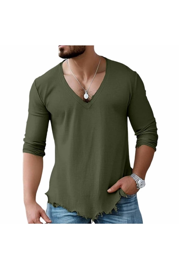 Men's Cotton Linen Shirt Short Sleeve Deep V Neck Tshirts with Frayed Edge Fashion Streetwear Summer Beach Lounge Daily Tee Tops Dark Green L