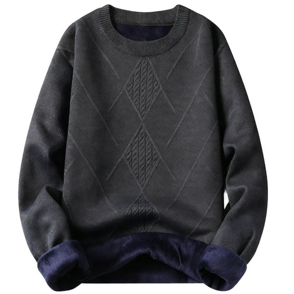 Wrtxtat Men's Crewneck Sweater Casual Solid Color Loose Fit Pullover Midweight Fleece Lined Warm Sweater Long Sleeve Argyle Tops Dark Gray XL