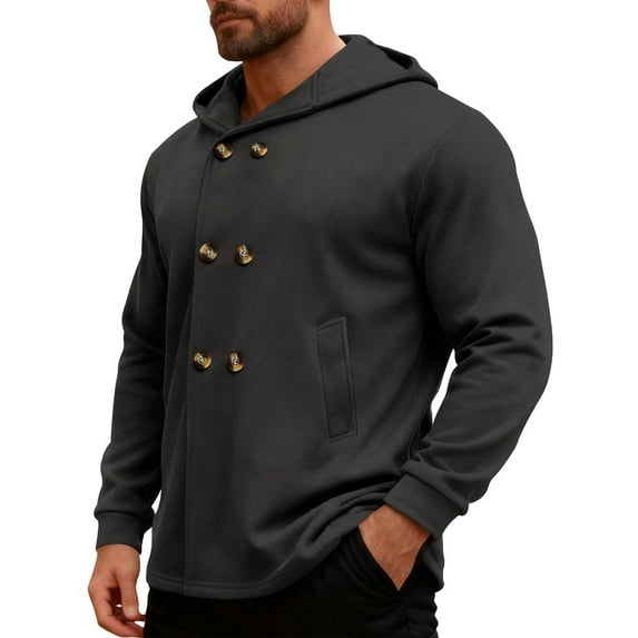 Wrtxtat Men's Double Breasted Jacket Casual Hooded Button down Outerwear with Pockets Warm Midweight Solid Color Slim Fit Coats Black L