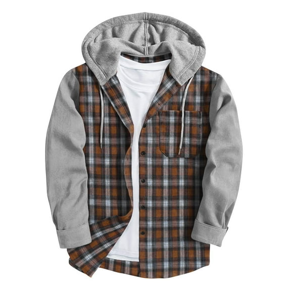 Wrtxtat Men's Flannel Hoodie Shirts Lightweight Casual Button Down Splicing Plaid Shirt Jackets for Men Long Sleeve Stylish Drawstring Hooded Tops with Pocket Coffee XXL
