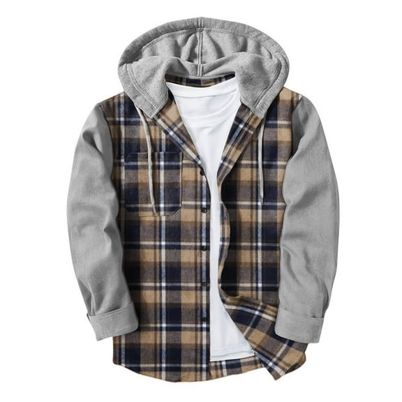 Wrtxtat Men's Flannel Hoodie Shirts Lightweight Casual Button Down Splicing Plaid Shirt Jackets for Men Long Sleeve Stylish Drawstring Hooded Tops with Pocket Navy XXL