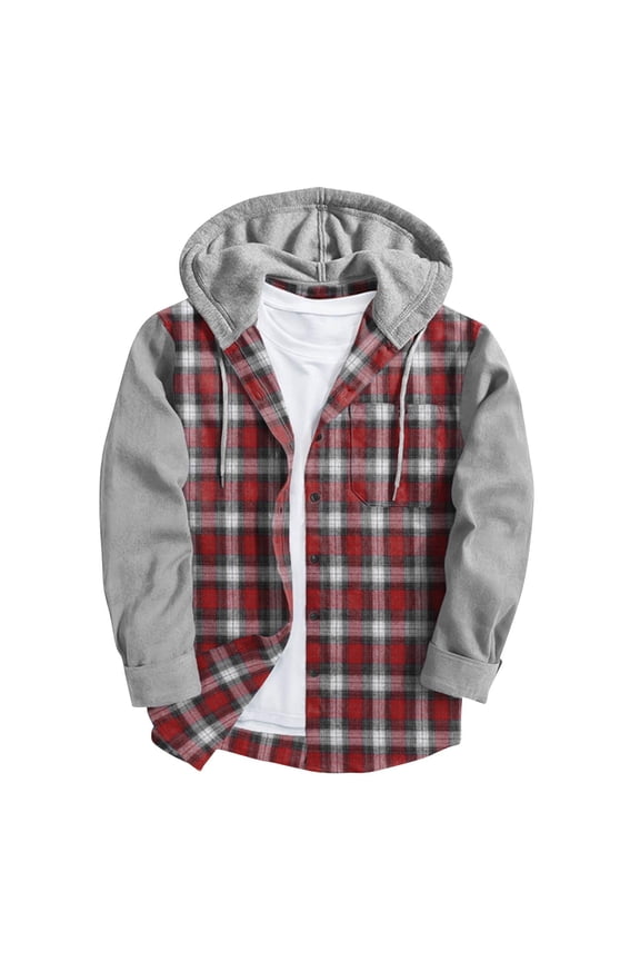 Men's Flannel Hoodie Shirts Lightweight Casual Button Down Splicing Plaid Shirt Jackets for Men Long Sleeve Stylish Drawstring Hooded Tops with Pocket Red M