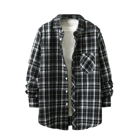 Wrtxtat Men's Flannel Plaid Shirts Lightweight Thin Long Sleeve Button Down Shirts Lapel Collar Casual Fall Business Work Shirt Jacket with Pockets Black#02 XL
