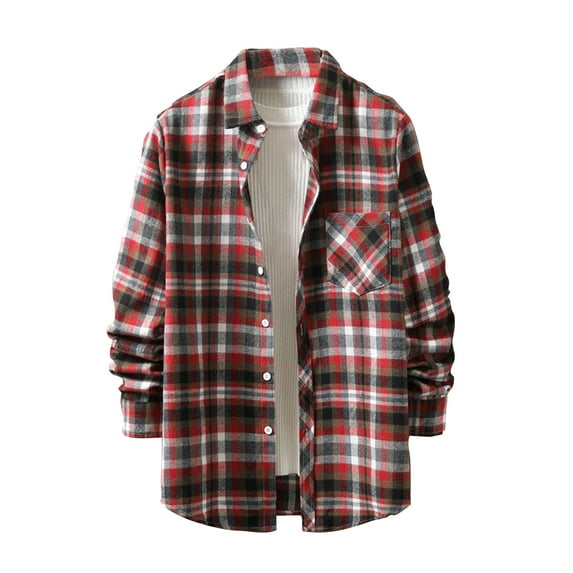 Wrtxtat Men's Flannel Plaid Shirts Lightweight Thin Long Sleeve Button Down Shirts Lapel Collar Casual Fall Business Work Shirt Jacket with Pockets Red#01 XXL