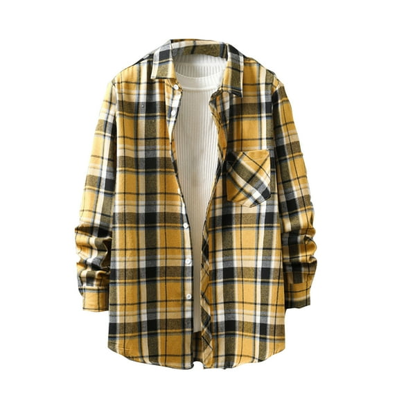 Wrtxtat Men's Flannel Plaid Shirts Lightweight Thin Long Sleeve Button Down Shirts Lapel Collar Casual Fall Business Work Shirt Jacket with Pockets Yellow#01 S