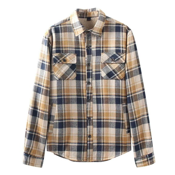 Wrtxtat Men's Flannel Shirts Casual Warm Fleece Lapel Button Down Loose Fit Shirt with Flap Pockets Fashion Plaid Long Sleeve Shirt Jacket Khaki M