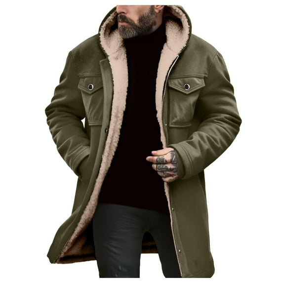Wrtxtat Men's Fleece Coat Warm Sherpa Lined Single-Breasted Button Zip-Up Outerwear with Flap Pockets Midweight Suede Winter Long Hooded Jacket Green S