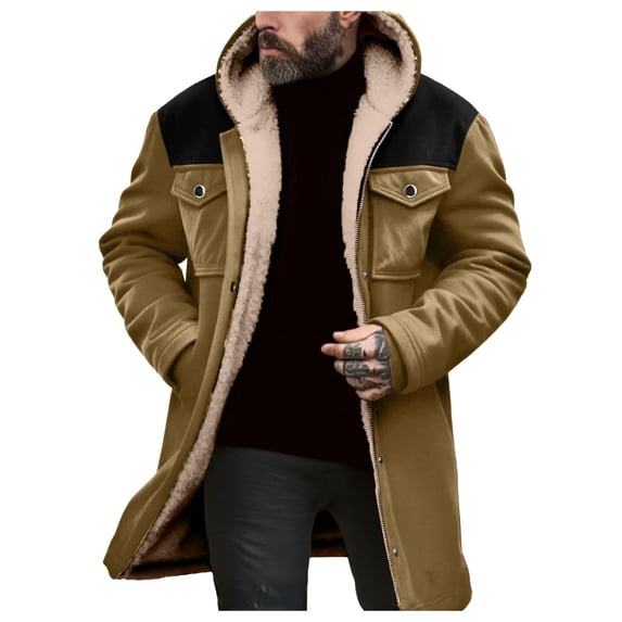 Wrtxtat Men's Fleece Coat Warm Sherpa Lined Single-Breasted Button Zip-Up Outerwear with Flap Pockets Midweight Suede Winter Long Hooded Jacket Khaki S