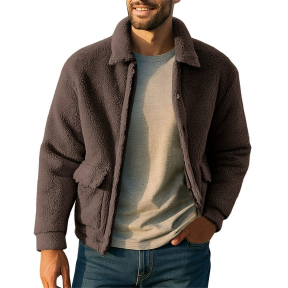 Wrtxtat Men's Fleece Jackets Autumn Fashion Midweight Warm Outerwear with Pockets Full Button Down Double Fleece Lined Lapel Jackets Brown L