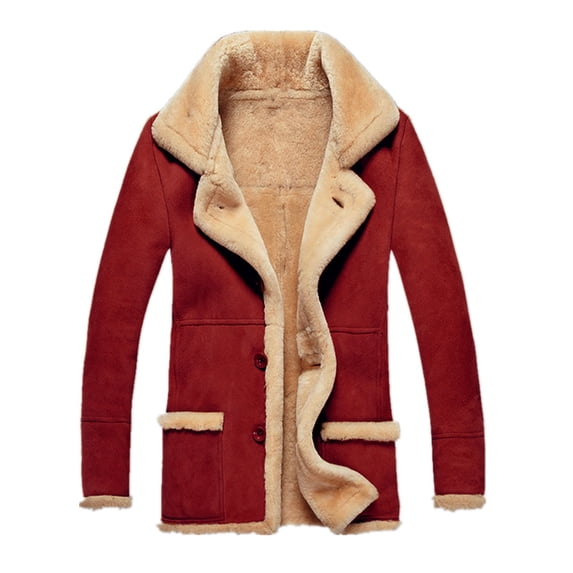 Wrtxtat Men's Fleece Jackets Suede Warm Heavyweight Single Breasted Coats with Pockets Fashion Nothced Lapel Mid-Long Length Outerwear Big and Tall Red L