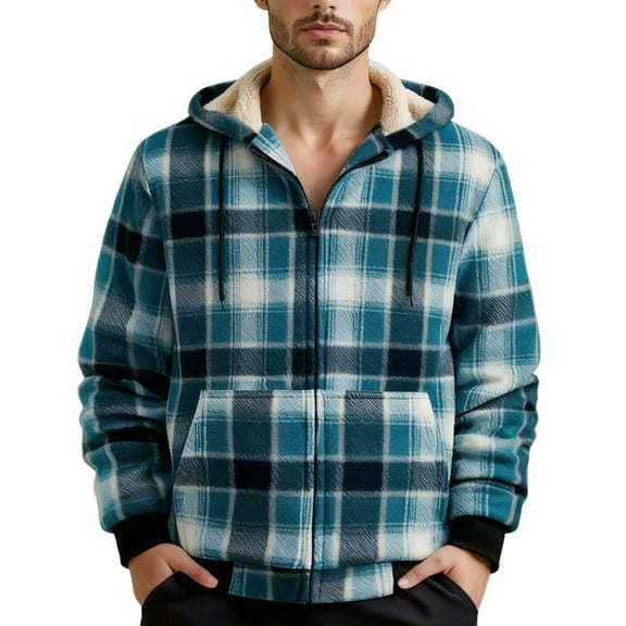 Wrtxtat Men's Fleece Lined Jacket Autumn Winter Fashion Midweight Plaid Jacket with Pockets Warm Sherpa Lined Insulated Outerwear Light Blue XL