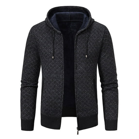 Wrtxtat Men's Full Zip Cardigan Sweaters Stylish Plaid Hooded Jacket Drawstrings Long Sleeves Knitted Outerwear Autumnmidweight Windproof Top Black XXXL