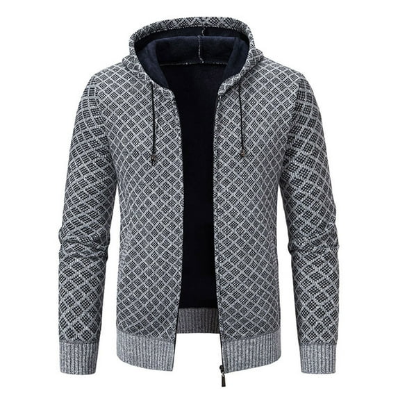 Wrtxtat Men's Full Zip Cardigan Sweaters Stylish Plaid Hooded Jacket Drawstrings Long Sleeves Knitted Outerwear Autumnmidweight Windproof Top Gray XXL