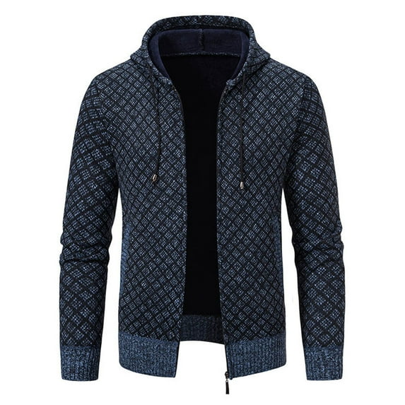 Wrtxtat Men's Full Zip Cardigan Sweaters Stylish Plaid Hooded Jacket Drawstrings Long Sleeves Knitted Outerwear Autumnmidweight Windproof Top Navy XXXL