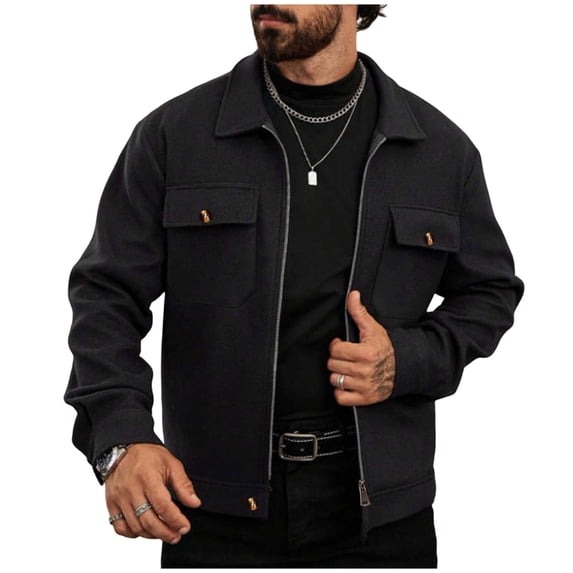 Wrtxtat Men's Full Zip Coats Relaxed Fit Turn Down Collar Flap Pockets Shirt Jacket Fashion Midweght Solid Color Outerwear Tops Black XXL