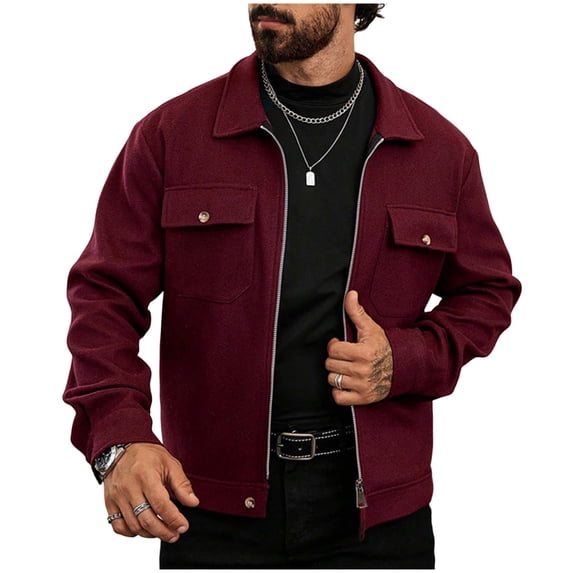 Wrtxtat Men's Full Zip Coats Relaxed Fit Turn Down Collar Flap Pockets Shirt Jacket Fashion Midweght Solid Color Outerwear Tops Wine L