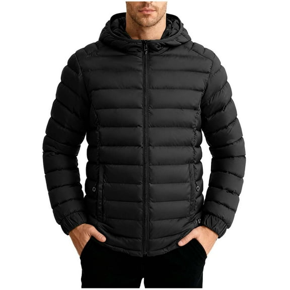 Wrtxtat Men's Full Zip Hoodie Solid Color Pockets Puffer Jacket with Detachable Hood Winter Warm Heavyweight Outerwear Black M