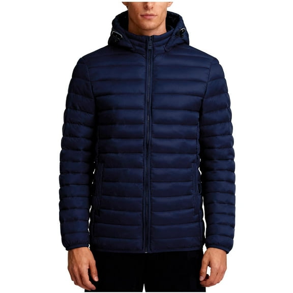 Wrtxtat Men's Full Zip Jackets Drawstrings Winter Warm Solid Color Midweight Puffer Coats with Pockets Detachable Hood Outerwear Dark Blue XXL