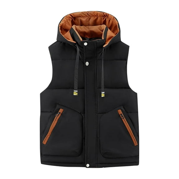 Wrtxtat Men's Full Zip Vest Winter Solid Color Hooded Outerwear with Pockets Outdoor Climbing Midweight Warm Vest Big and Tall Black XXXXXL