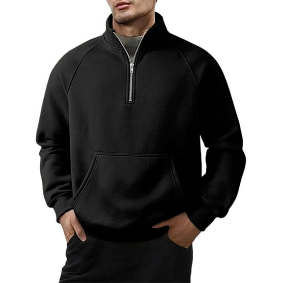 Wrtxtat Men's Half Zip Sweatshirt Relaxed Fit Mock Neck Windproof Pullover with Kangaroo Pockets Solid Color Long Sleeve Tops Black L