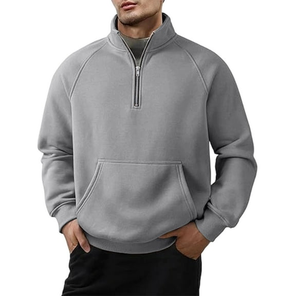 Wrtxtat Men's Half Zip Sweatshirt Relaxed Fit Mock Neck Windproof Pullover with Kangaroo Pockets Solid Color Long Sleeve Tops Gray L