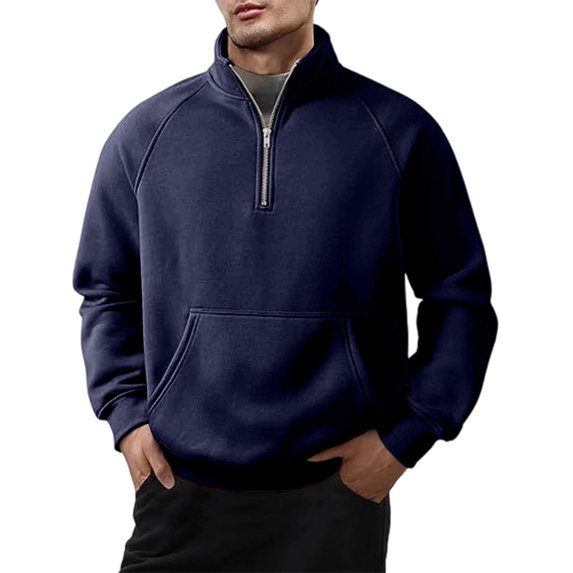 Wrtxtat Men's Half Zip Sweatshirt Relaxed Fit Mock Neck Windproof Pullover with Kangaroo Pockets Solid Color Long Sleeve Tops Navy L