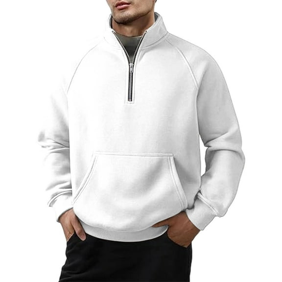 Wrtxtat Men's Half Zip Sweatshirt Relaxed Fit Mock Neck Windproof Pullover with Kangaroo Pockets Solid Color Long Sleeve Tops White XL