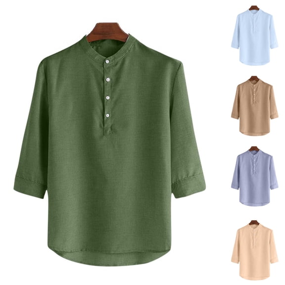 Wrtxtat Men's Henley Shirts Casual Solid Color Half Button 3/4 Sleeve Tee Tops Lightweight Fall Spring Tshirts Breathable Basic Tops Beige XL