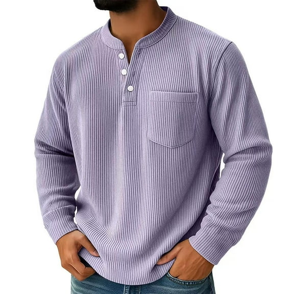 Wrtxtat Men's Henley Shirts Warm Corduroy Crewneck Striped Knit Pullover with Pockets Relaxed Fit Solid Color Sweatshirts Big and Tall Purple XXXXL