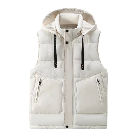 Wrtxtat Men's Hooded Puffer Vest Solid Color Full Zip Pockets Drawstrings Outerwear Fall Winter Thermal Cotton Lined Vest Big and Tall White S