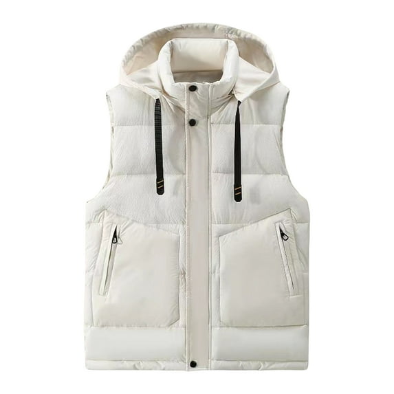 Wrtxtat Men's Hooded Puffer Vest Solid Color Full Zip Pockets Drawstrings Outerwear Fall Winter Thermal Cotton Lined Vest Big and Tall White S