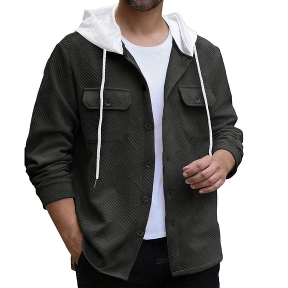 Wrtxtat Men's Hooded Shirt Jacket Autumn Fashion Full Button Drawstrings Shirt Jacket with Flap Pockets Midweight Relaxed Fit Solid Color Top Black XL