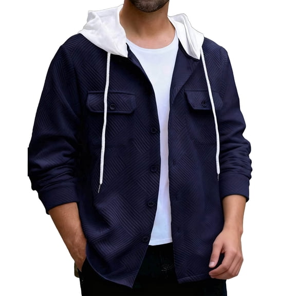 Wrtxtat Men's Hooded Shirt Jacket Autumn Fashion Full Button Drawstrings Shirt Jacket with Flap Pockets Midweight Relaxed Fit Solid Color Top Navy M