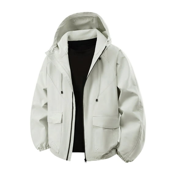 Wrtxtat Men's Hooded Softshell Jacket Fall Winter Midweight Waterproof Hooded Mountaineering Coat Full Zip Pockets Long Sleeves Windbreaker White S