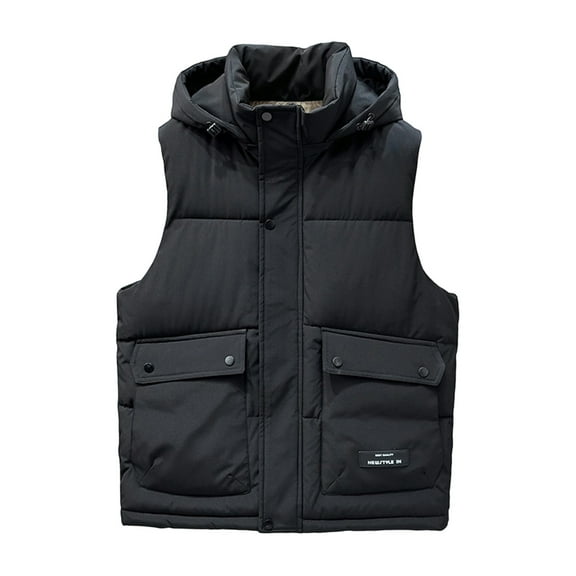 Wrtxtat Men's Hooded Vest Winter Warm Midweight Fashion Sleeveless Jacket with Pockets Zip-Up Drawstrings Hooded Vest Big and Tall Black L