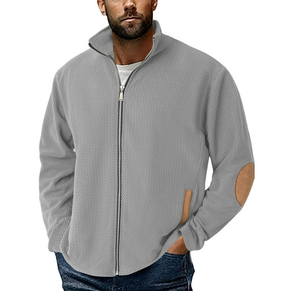 Wrtxtat Men's Jacket Casual Fashion Midweight Coats Solid Color Lapel Cardigan Full Zip Outerwear with Pockets Ripple Jacquard Top Gray S