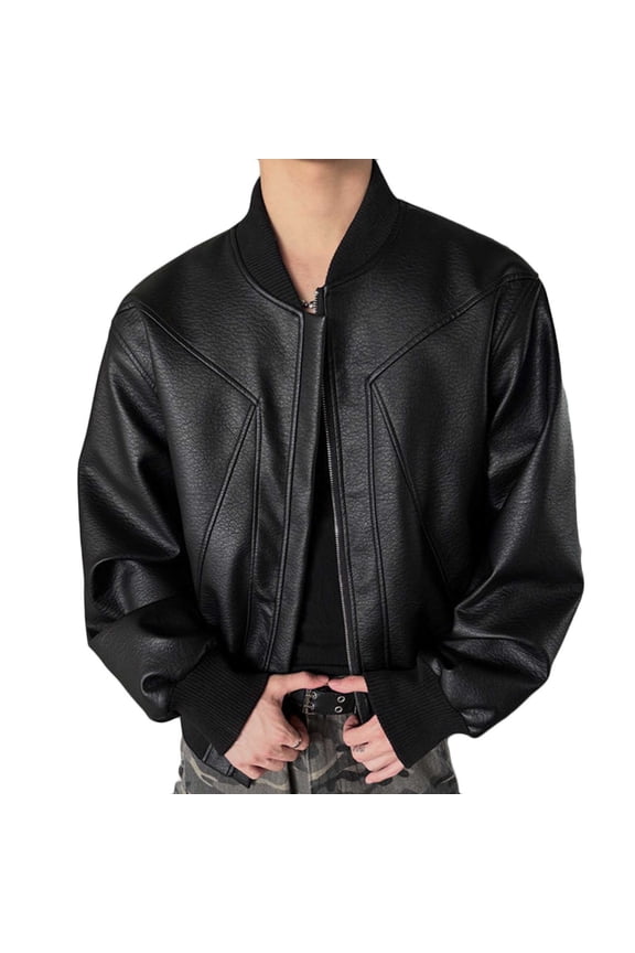 Men's Leather Jacket Fashion Full Zip Crewneck Motorcycle Outerwear with Pockets Heavyweight Waterproof Baseball Varsity Jacket Black M