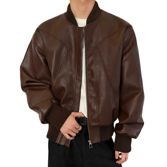 Wrtxtat Men's Leather Jacket Fashion Full Zip Crewneck Motorcycle Outerwear with Pockets Heavyweight Waterproof Baseball Varsity Jacket Coffee M