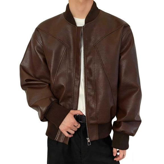 Wrtxtat Men's Leather Jacket Fashion Full Zip Crewneck Motorcycle Outerwear with Pockets Heavyweight Waterproof Baseball Varsity Jacket Coffee XL