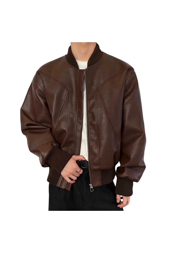 Men's Leather Jacket Fashion Full Zip Crewneck Motorcycle Outerwear with Pockets Heavyweight Waterproof Baseball Varsity Jacket Coffee XL