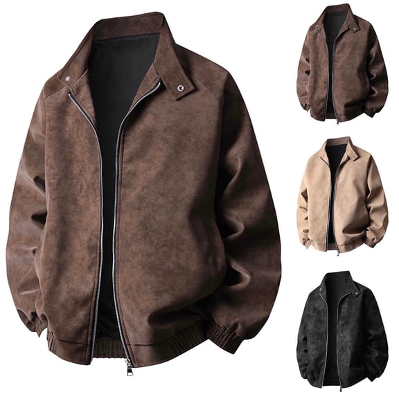 Wrtxtat Men's Leather Jacket Lapel Full Zip Pockets Outerwear Coats with Elastic Cuffs Fall Witner Spring Outdoor Cycling Hiking Shacket Coffee#01 M